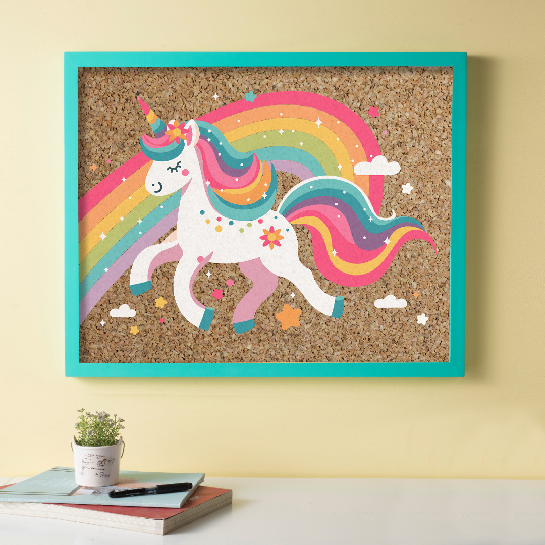 Rainbow Unicorn Cork Pinboard with Turquoise Frame