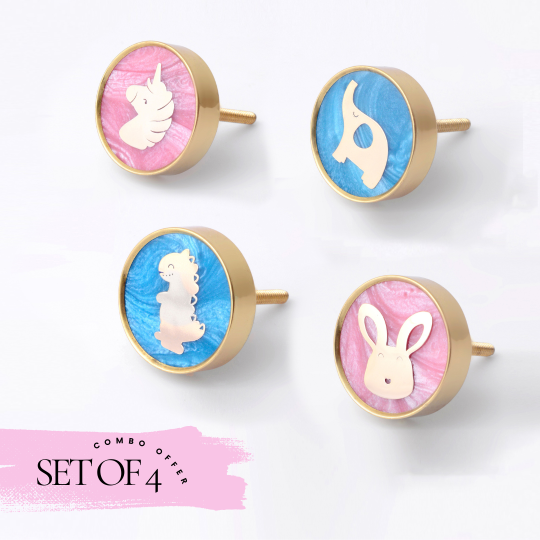 Set of 4 Premium Gold-Plated Knobs – Unicorn, Elephant, Dinosaur, and Bunny Designs