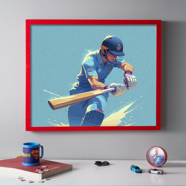 Cricket Action Cork Pinboard with Red Frame