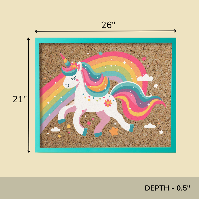 Rainbow Unicorn Cork Pinboard with Turquoise Frame