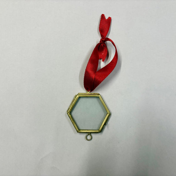 Hexagonal Brass Hanging Photo Frame with Red Ribbon