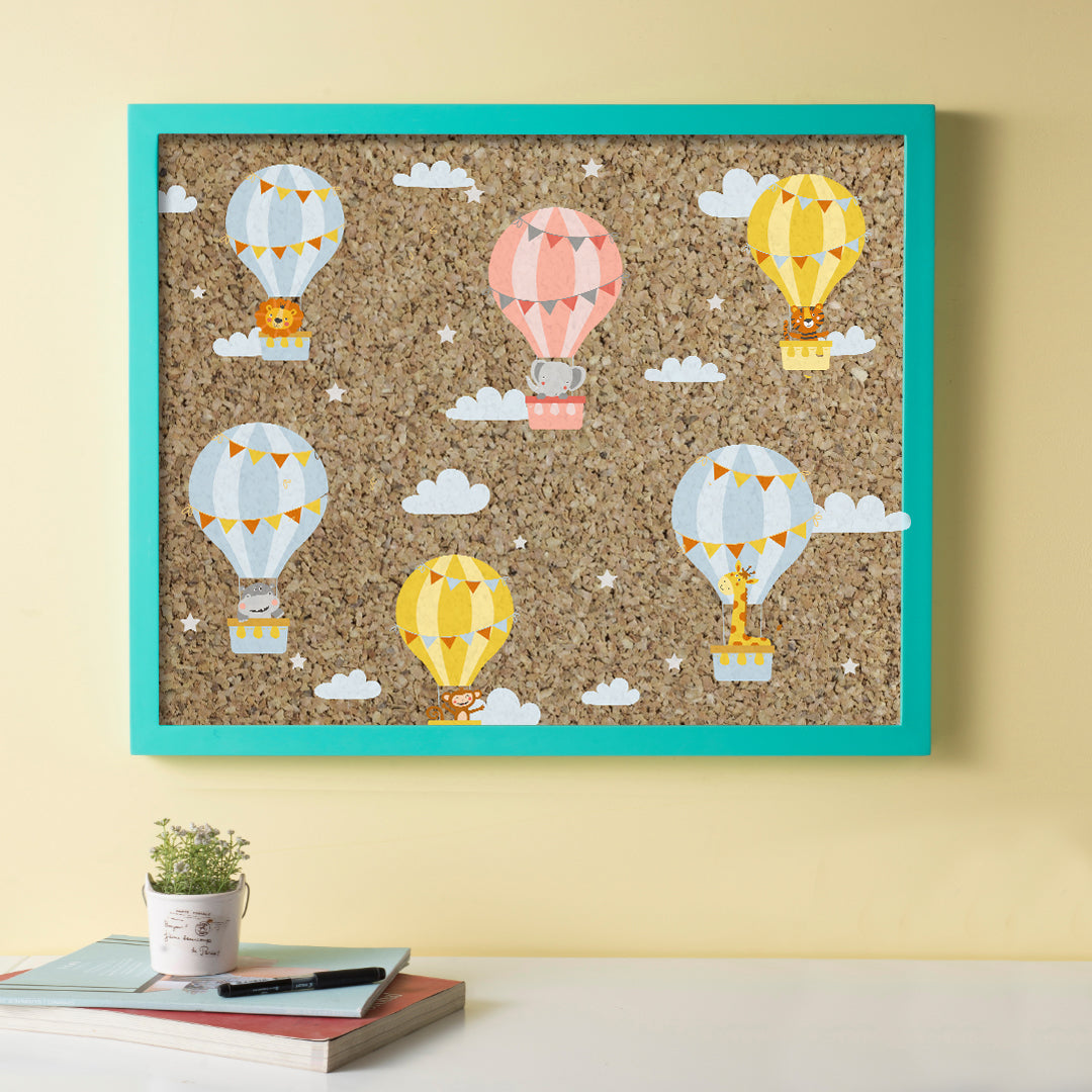 Hot Air Balloon Cork Pinboard with Turquoise Frame